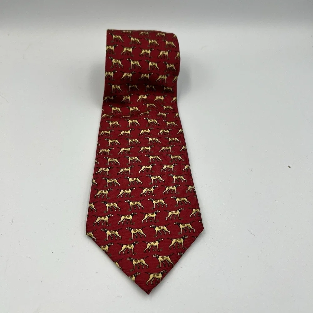 Vintage Lauren Ralph Lauren Red Silk Tie Pheasant Hunting Dog Handmade USA